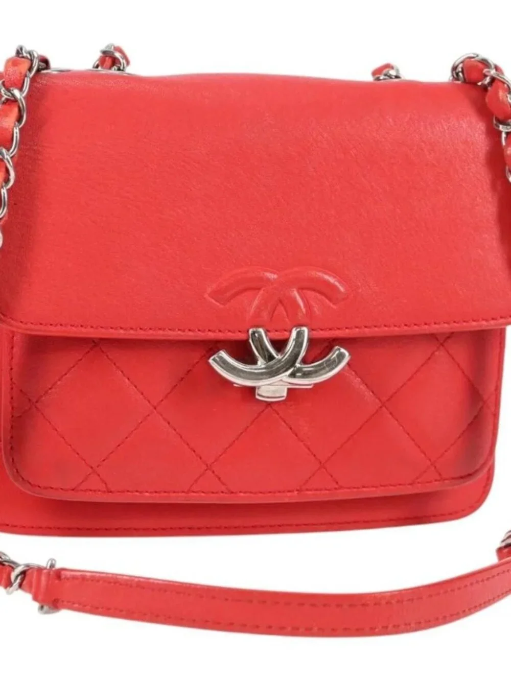 CHANEL Matelasse Chain Shoulder Bag Leather Red Silver CC Auth 138980M